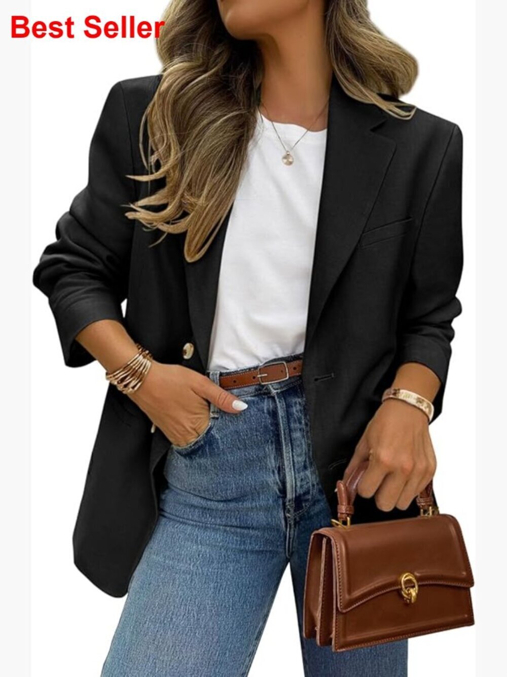 Long Sleeve Lapel Open Front Blazer with Pockets for Business Casual